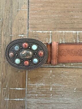 Boho Leather Belt with Ornate Multi-Stone Oval Buckle